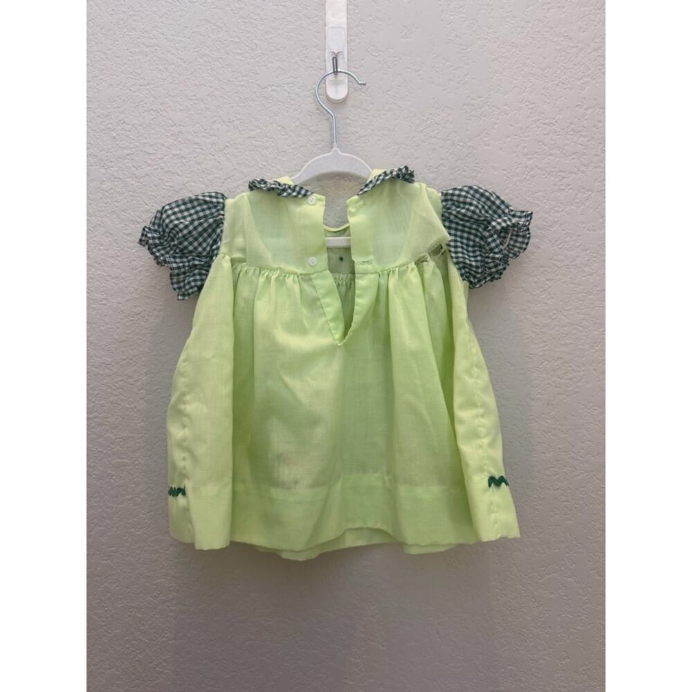 Vintage Baby Dress 3 to 6 Months Green Gingham Puff Sleeve Smocked Donkey Patch - Picture 3 of 3